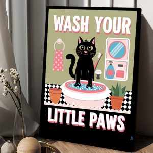 wash your little paws black cat canvas printed poster cute bathroom wash room wall art home decoration laughinks 1