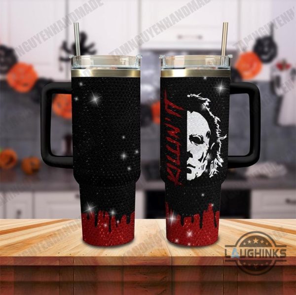 halloween stanley tumbler dupe michael myers horror movie character rhinestone diamond 40oz cup killing it bling tumbler laughinks 3