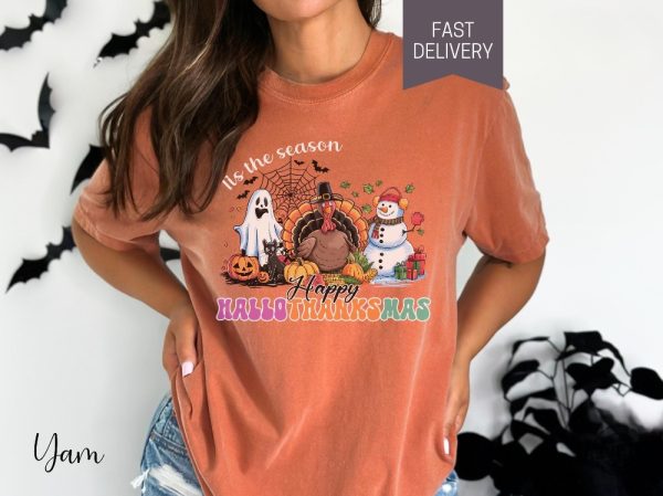 Happy Hallothanksmas Shirt Tis The Season T Shirt Halloween Thanksgiving And Christmas Gift revetee 1