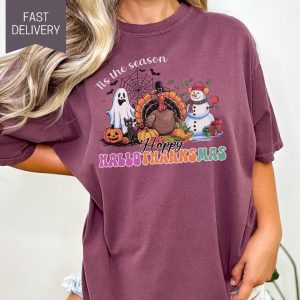 Happy Hallothanksmas Shirt Tis The Season T Shirt Halloween Thanksgiving And Christmas Gift revetee 2