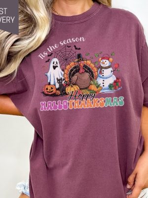 Happy Hallothanksmas Shirt Tis The Season T Shirt Halloween Thanksgiving And Christmas Gift revetee 2