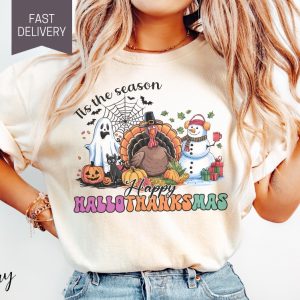 Happy Hallothanksmas Shirt Tis The Season T Shirt Halloween Thanksgiving And Christmas Gift revetee 3