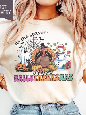 Happy Hallothanksmas Shirt Tis The Season T Shirt Halloween Thanksgiving And Christmas Gift revetee 3