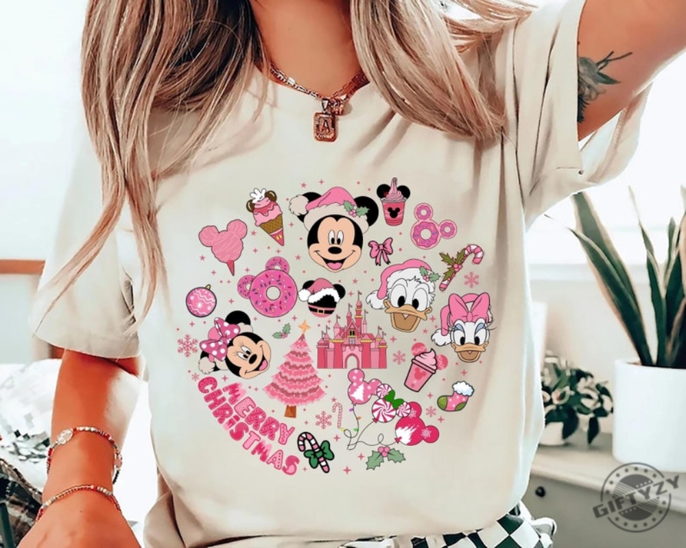 Pink Disney Christmas Shirt Merry Christmas Gift For Disney Lovers Disney Christmas Sweatshirt For Girls Pink Disney Tee For Holiday Parties