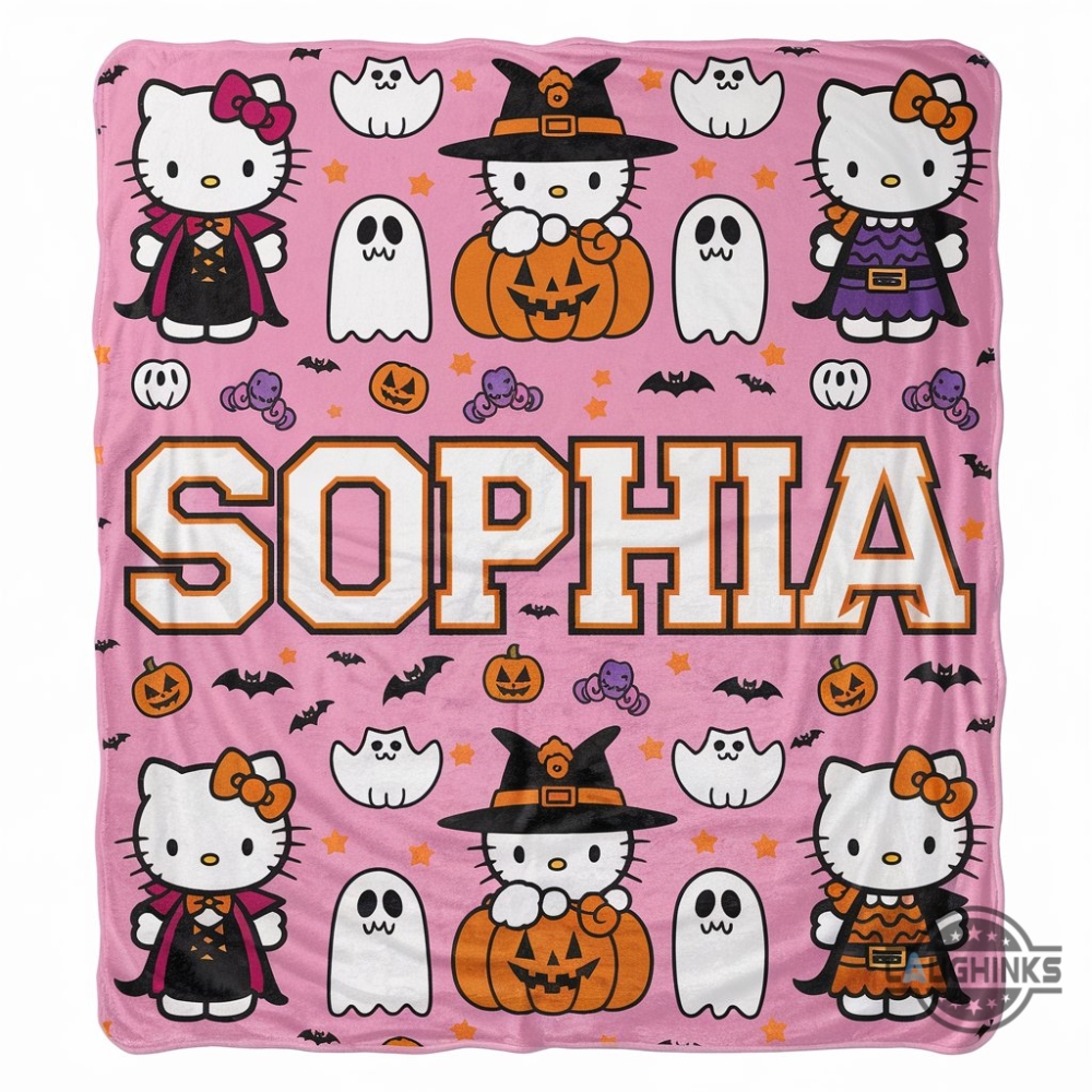 Custom Halloween Hello Kitty Blanket Pink Spooky Season Pumpkin Cat Sanrio Fleece Sherpa Blankets