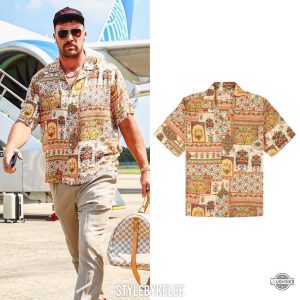 replica travis kelce perte dego patchwork hawaiian shirt and shorts in florida with the kansas city chiefs football team laughinks 1