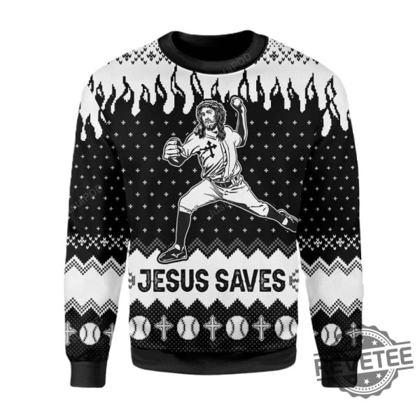 Jesus Saves Baseball Ugly Christmas Sweater Jesus Saves Baseball Christmas Sweatshirt revetee 1