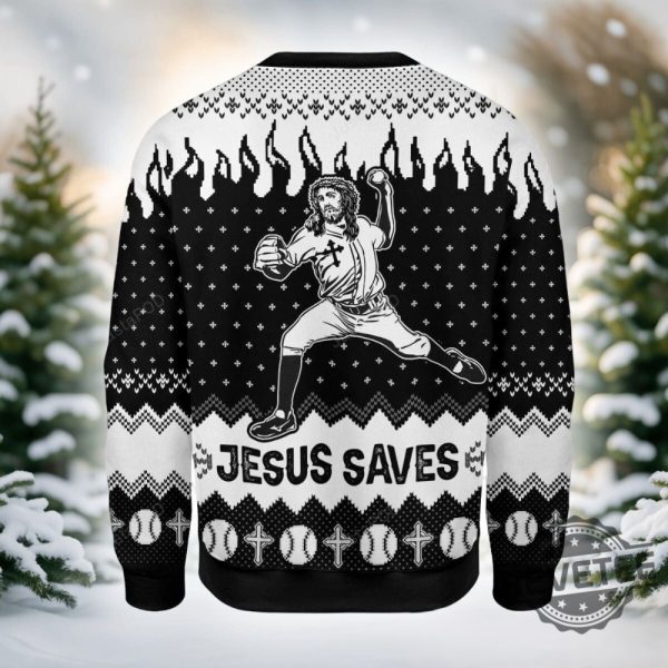 Jesus Saves Baseball Ugly Christmas Sweater Jesus Saves Baseball Christmas Sweatshirt revetee 2