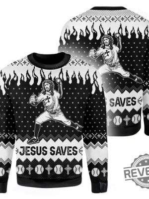 Jesus Saves Baseball Ugly Christmas Sweater Jesus Saves Baseball Christmas Sweatshirt revetee 3