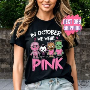 In October We Wear Pink Ghost Shirt Halloween In October We Wear Pink Tshirt Breast Cancer Awareness Sweatshirt Pink Ribbon Hoodie Wear Pink Pumpkin Shirt giftyzy 3