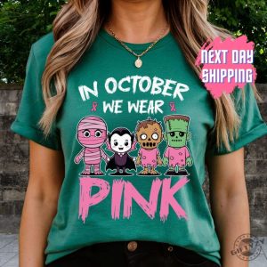 In October We Wear Pink Ghost Shirt Halloween In October We Wear Pink Tshirt Breast Cancer Awareness Sweatshirt Pink Ribbon Hoodie Wear Pink Pumpkin Shirt giftyzy 4