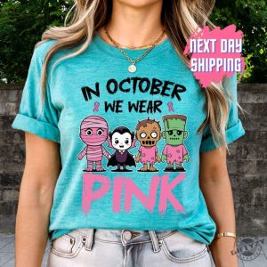 In October We Wear Pink Ghost Shirt Halloween In October We Wear Pink Tshirt Breast Cancer Awareness Sweatshirt Pink Ribbon Hoodie Wear Pink Pumpkin Shirt giftyzy 6