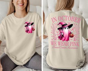 In October We Wear Pink Ghost Shirt Halloween In October We Wear Pink Tshirt Breast Cancer Awareness Sweatshirt Pink Ribbon Hoodie Wear Pink Pumpkin Shirt giftyzy 3 1