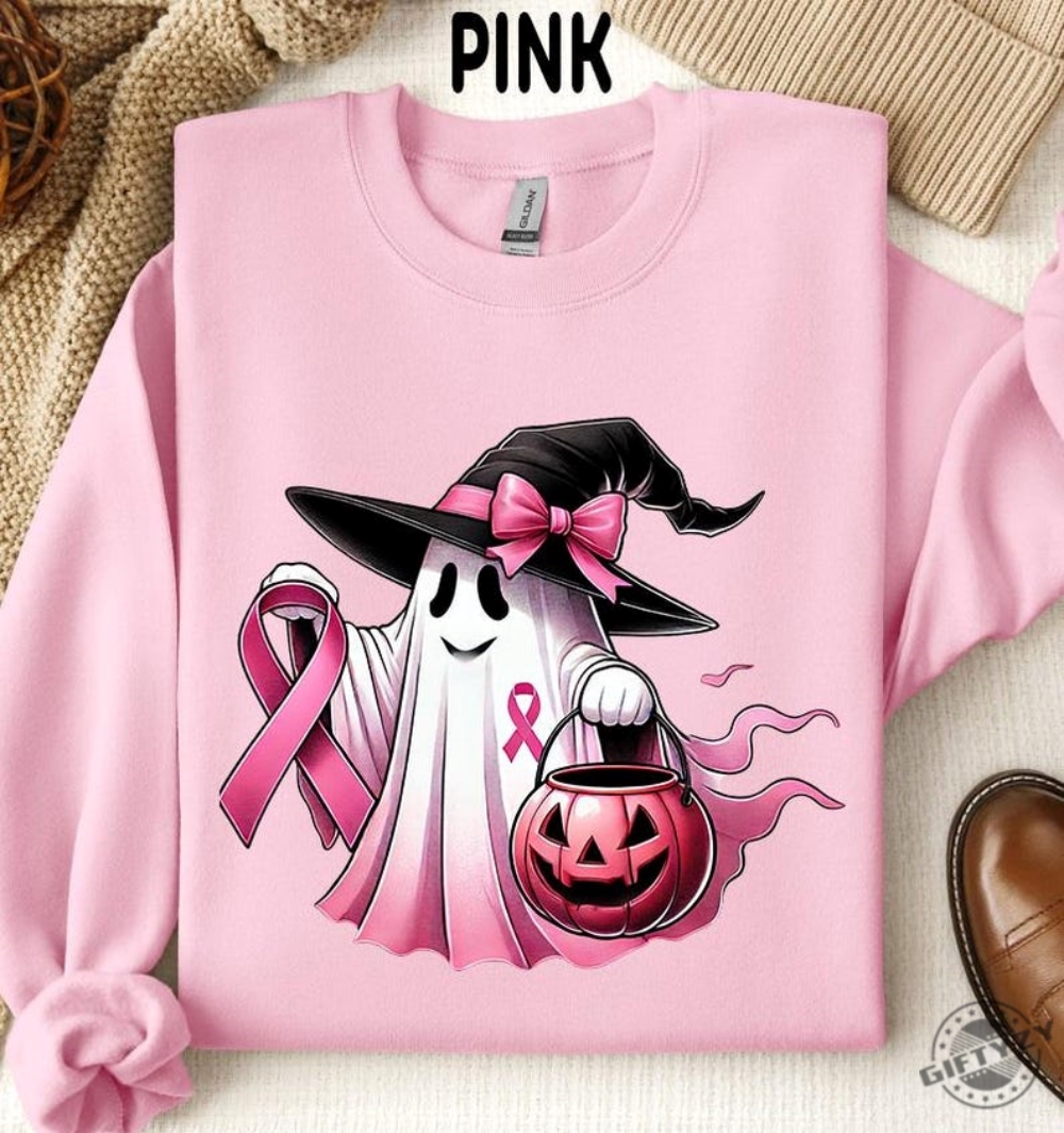 In October We Wear Pink Ghost Shirt Sweatshirt Breast Cancer Awareness Tshirt Pink Ribbon Hoodie Wear Pink Pumpkin Halloween Pink Ghost Shirt