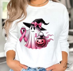 In October We Wear Pink Ghost Shirt Sweatshirt Breast Cancer Awareness Tshirt Pink Ribbon Hoodie Wear Pink Pumpkin Halloween Pink Ghost Shirt giftyzy 2