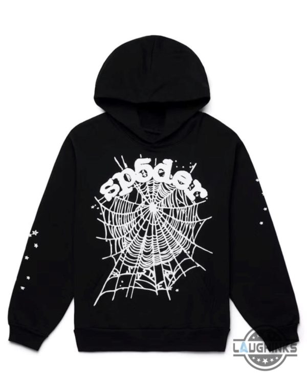 black and white spider hoodie t shirt sweatshirt sp5der og web all over printed shirt replica laughinks 2