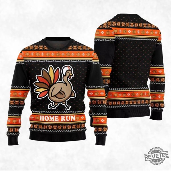 Funny Turkey Home Run Ugly Christmas Sweater revetee 1