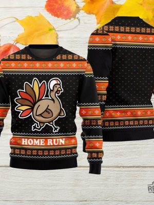 Funny Turkey Home Run Ugly Christmas Sweater revetee 2