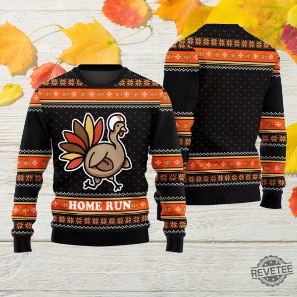 Funny Turkey Home Run Ugly Christmas Sweater revetee 2