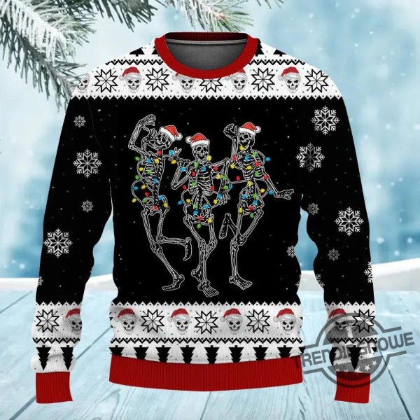 Funny Skeleton Skull Dance With Christmas Light Ugly Sweater trendingnowe 1