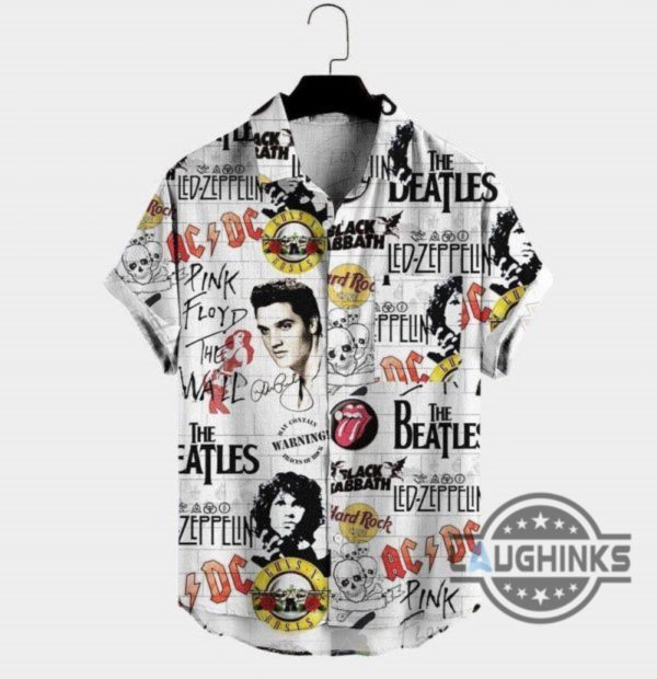 elvis presley hawaiian shirt with the beatles led zeppelin ac dc pink floyd rock and roll hippie aloha summer beach button up shirts laughinks 1