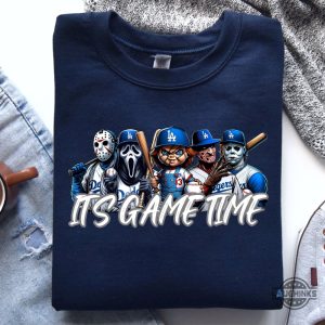 horror characters in la dodgers uniform t shirt sweatshirt hoodie halloween baseball graphic tee laughinks 6