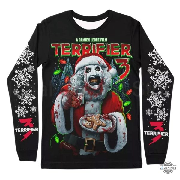 a damien leone film terrifier 3 shirt christmas horror jumper art the clown all over printed t shirt sweatshirt hoodie laughinks 1 1