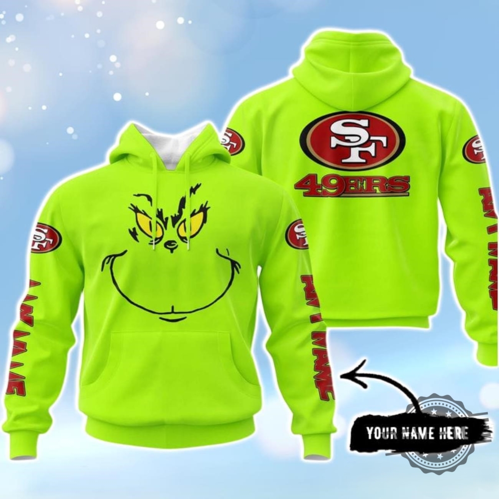 Grinch 49Ers 3D All Over Printed Shirt Hoodie Sweatshirt San Francisco 49Ers Grinch Custom Name Hoodie Unisex Neon Green Color