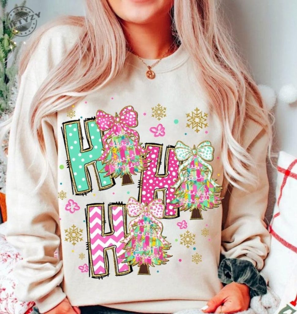 Colorful Coquette Glitter Christmas Tree Shirt Ho Ho Ho Christmas Tree Girly Tshirt Bright Color Christmas Coquette Bow Dalmatian Dots Hoodie Brushstroke Sweatshirt giftyzy 1