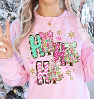 Colorful Coquette Glitter Christmas Tree Shirt Ho Ho Ho Christmas Tree Girly Tshirt Bright Color Christmas Coquette Bow Dalmatian Dots Hoodie Brushstroke Sweatshirt giftyzy 2