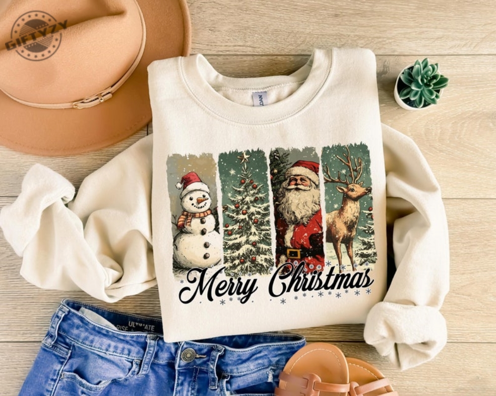 Retro Merry Christmas Shirt Santa Snowman Christmas Hoodie Xmas Tee Gift For Her Family Sweatshirt Pink Christmas Pullover Shirt