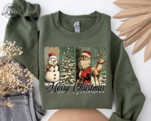 Retro Merry Christmas Shirt Santa Snowman Christmas Hoodie Xmas Tee Gift For Her Family Sweatshirt Pink Christmas Pullover Shirt giftyzy 2