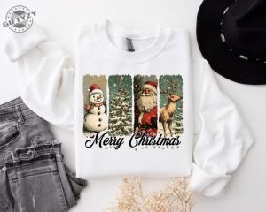 Retro Merry Christmas Shirt Santa Snowman Christmas Hoodie Xmas Tee Gift For Her Family Sweatshirt Pink Christmas Pullover Shirt giftyzy 3