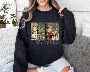 Retro Merry Christmas Shirt Santa Snowman Christmas Hoodie Xmas Tee Gift For Her Family Sweatshirt Pink Christmas Pullover Shirt giftyzy 4