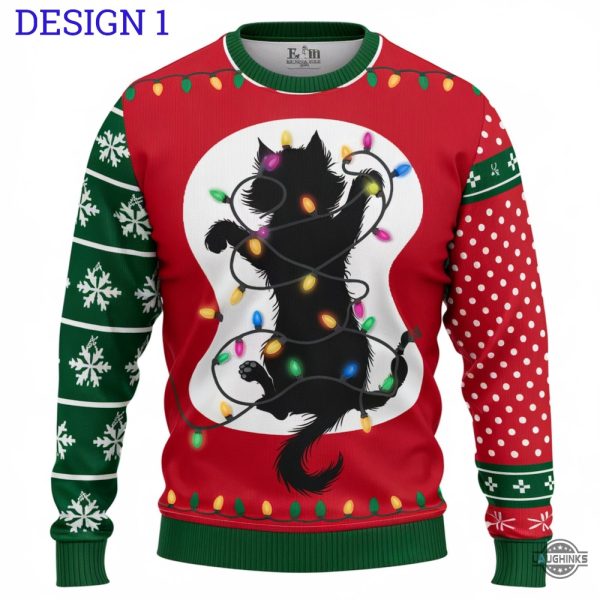 cute black cat ugly christmas sweater griswold cat wrapped in christmas lights funny artificial wool sweatshirt laughinks 1