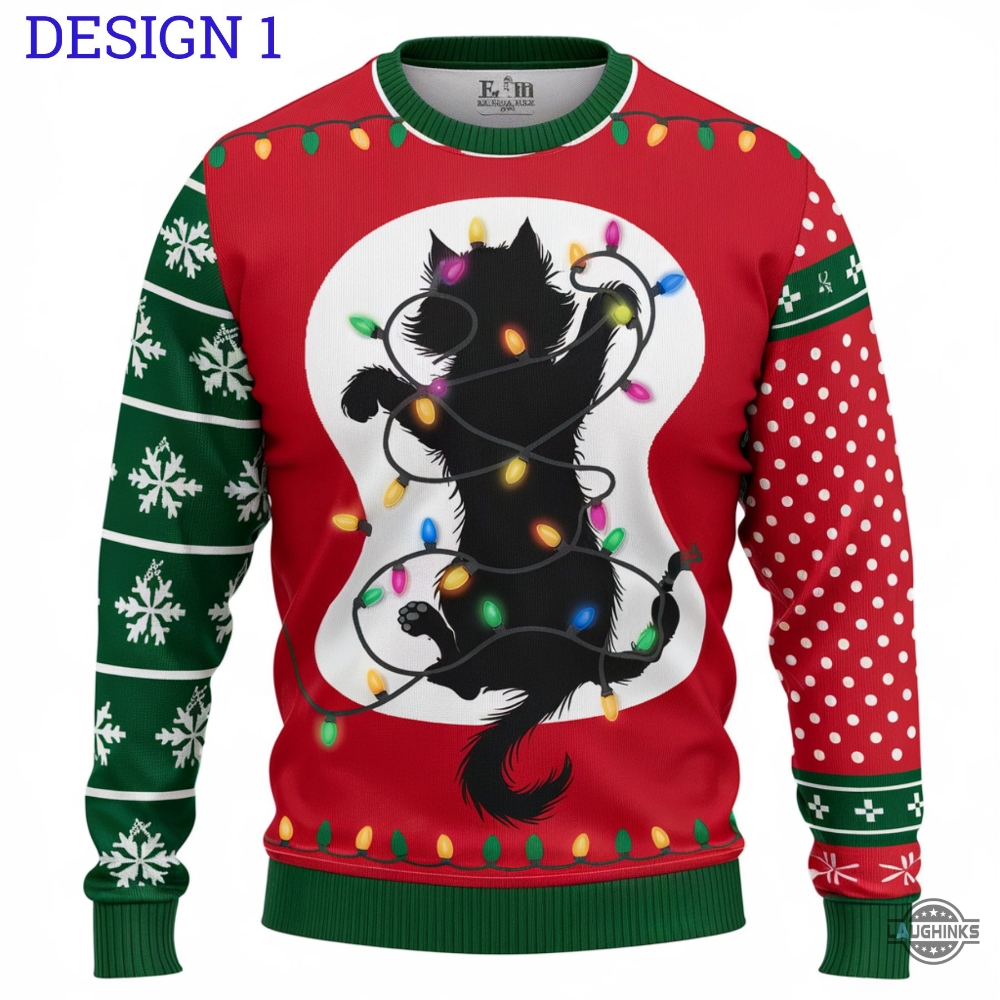 Cute Black Cat Ugly Christmas Sweater Griswold Cat Wrapped In Christmas Lights Funny Artificial Wool Sweatshirt