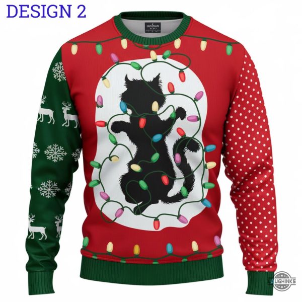 cute black cat ugly christmas sweater griswold cat wrapped in christmas lights funny artificial wool sweatshirt laughinks 2