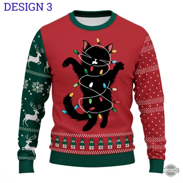 cute black cat ugly christmas sweater griswold cat wrapped in christmas lights funny artificial wool sweatshirt laughinks 3