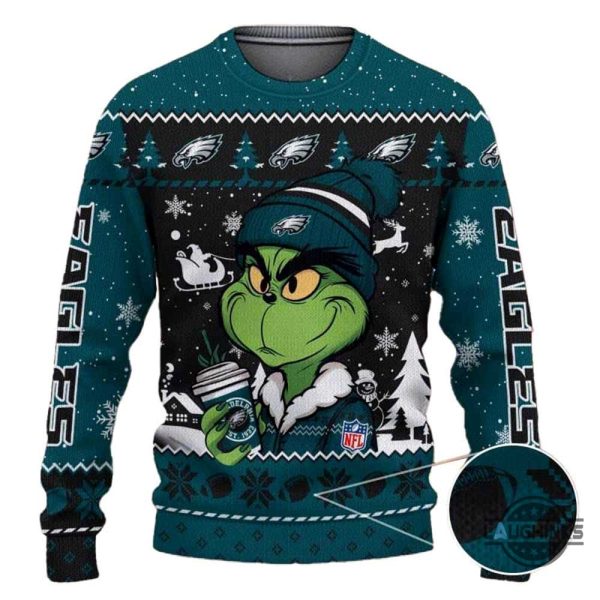 the grinch holding philadelphia eagles coffee ugly christmas sweater