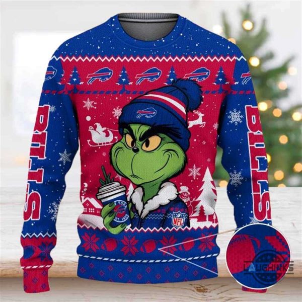 the grinch holding coffee buffalo bills ugly christmas sweater