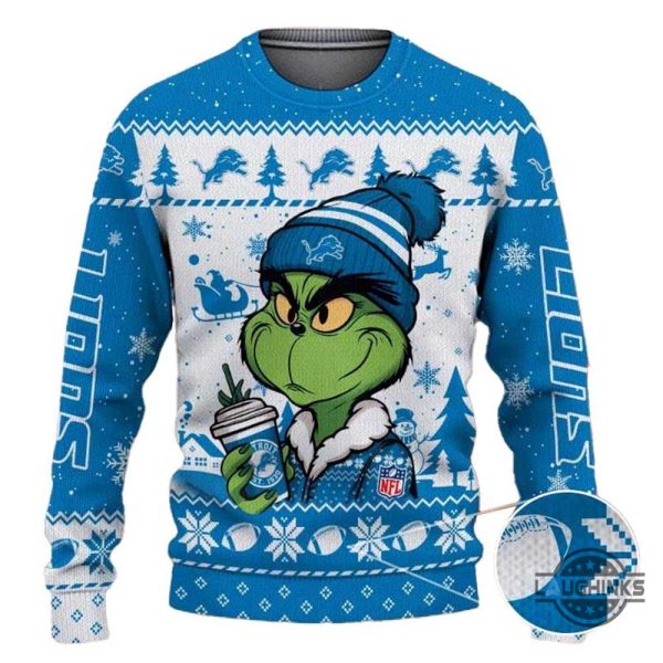 the grinch holding coffee detroit lions ugly christmas sweater