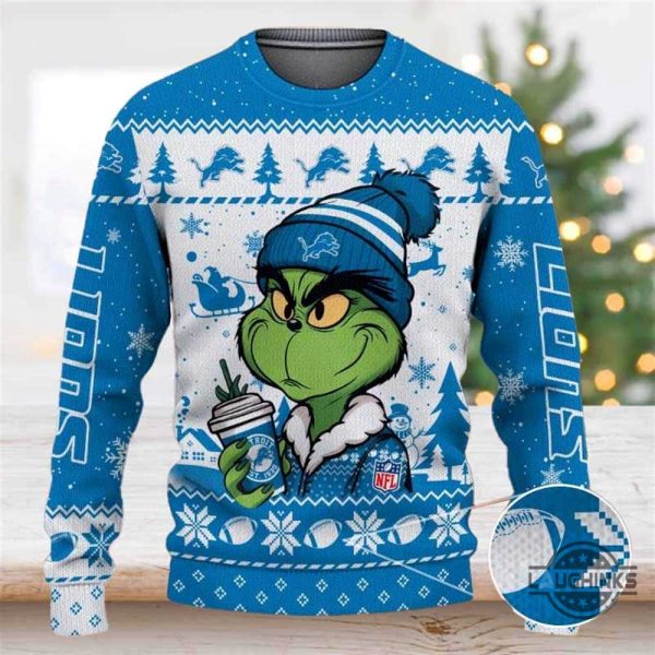 the grinch holding coffee detroit lions ugly christmas sweater