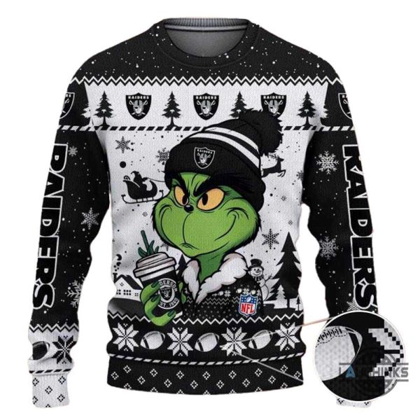 the grinch holding coffee las vegas raiders ugly christmas sweater