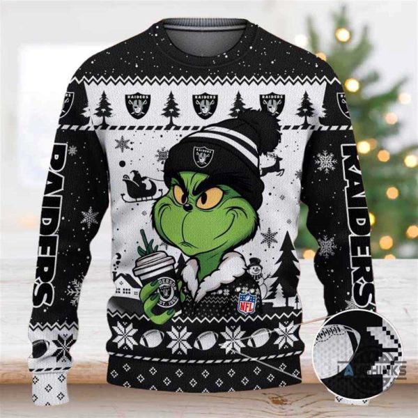 the grinch holding coffee las vegas raiders ugly christmas sweater