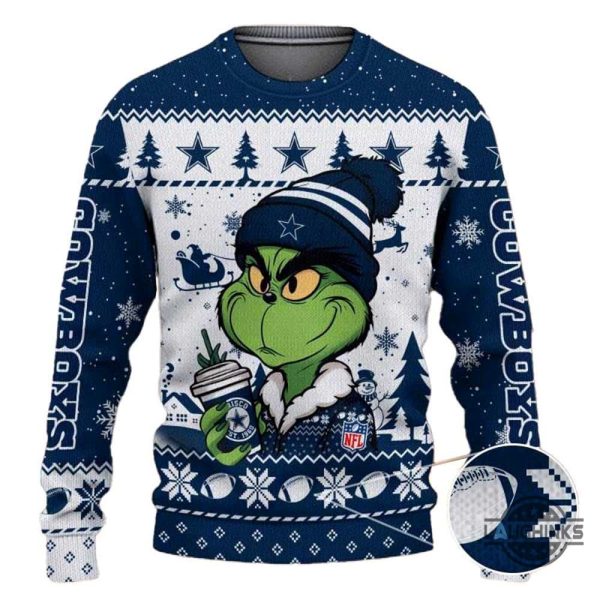 the grinch holding coffee dallas cowboys ugly christmas sweater