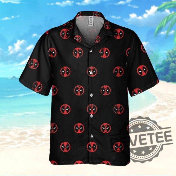 Marvel Deadpool Symbol Seamless Awesome Deadpool Superhero Button Up Shirt Deadpool Tropical Hawaiian Shirt Deadpool Summer Trip Shirt revetee 1