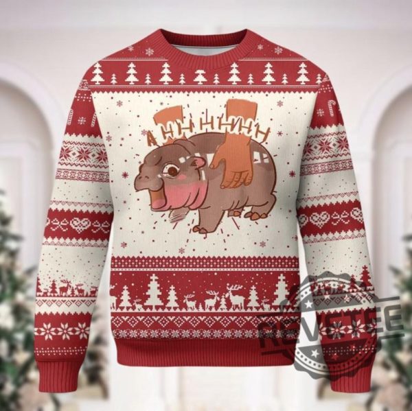 Christmas Moo Deng Ugly Sweater Hippopotamus Christmas Sweater Baby Hippo Xmas Sweatshirt Cute Animal Family Sweater revetee 1