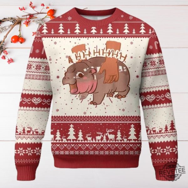 Christmas Moo Deng Ugly Sweater Hippopotamus Christmas Sweater Baby Hippo Xmas Sweatshirt Cute Animal Family Sweater revetee 2