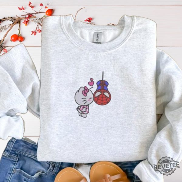 Cute Hello Kitty Spiderman Embroidered Sweatshirt Hoodie T Shirt Unique Hello Kitty Spider Man Embroidered Shirt Gift For Her Him Unique revetee 3