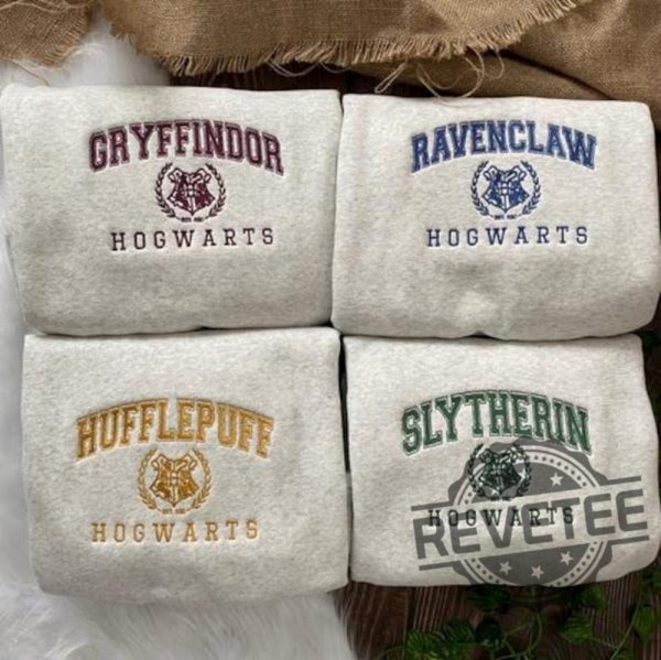 Harry Potter Hogwarts Houses Gryffindor Slytherin Ravenclaw Hufflepuff Embroidered Sweatshirt Hoodie T Shirt Gift For Harry Potter Fan Unique revetee 1